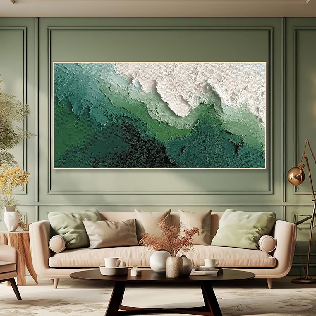 3D Sage Green Beige Minimalist Beach Painting Large Textured Wall Art ...