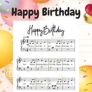 Puede incluir: Imagen con temática de cumpleaños con las palabras "Happy Birthday" en negro. La imagen incluye partituras de "Happy Birthday to You" y globos de colores en el fondo.