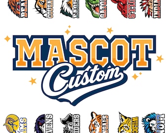 Mascota escolar personalizada para fútbol, béisbol, hockey, baloncesto (SVG y PNG), mascota de media cabeza y nombre, diseño de mascota de equipo personalizado, diseño vectorial.
