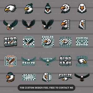 Puede incluir: Una colección de diseños con temática de águilas en varios estilos. Las imágenes presentan águilas con textos como "Eagles Nation", "Bird Gang" y "Sundays The Birds". Los diseños utilizan una paleta de colores verde, blanco, negro y dorado.