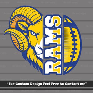 May include: A graphic design featuring a yellow and blue ram's head combined with a football shape. The word "RAMS" is vertically displayed in a bold, stylized font. The design is set against a grey background.