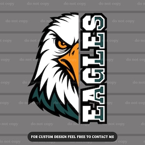 May include: A graphic design featuring a white and teal eagle head with an orange beak and eye. The word "EAGLES" is vertically stacked in white letters with a teal outline. The phrase "FOR CUSTOM DESIGN FEEL FREE TO CONTACT ME" is at the bottom.