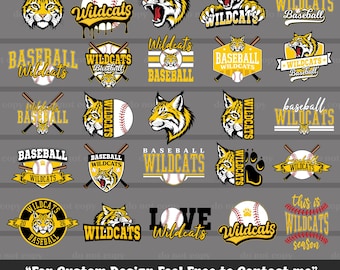 Paquete de 25 archivos SVG y PNG de los Wildcats, Béisbol de los Wildcats, Regalos de béisbol, Día de juego, Archivo de corte para Cricut, Mamá beisbolera, PNG de béisbol, Descarga digital