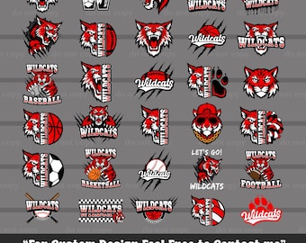 Paquete de 30 Wildcats SVG PNG, vector Wildcats rojo, archivo de corte Cricut Wildcats, EPS, baloncesto Wildcats, fútbol americano, béisbol, espíritu, saludos, EPS