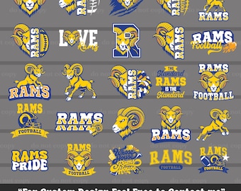 Paquete de 25 SVG y PNG de los Rams, archivo de corte de los Rams para Cricut, mascota de los Rams, vector de los Rams, camiseta de los Rams, fútbol de los Rams, saludos, pompón, espíritu de los Rams, orgullo de los Rams
