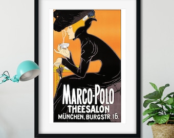 VINTAGE Tea Poster, Marco Polo Thee Salon, Art Nouveau Poster, Tea Wall Art, Vintage Advertising Print
