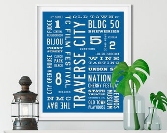 TRAVERSE CITY Michigan Poster Art, Word Art Print, City Art, Michigan Art, Michigan Gift, Colorful Wall Art, Lake House Decor.