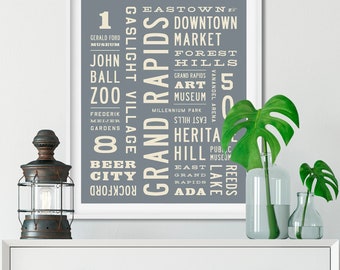GRAND RAPIDS Michigan Wall Art, Grand Rapids City Art, Word Art, Michigan Print, Gift for Him, Apartment Wall Decor, Modern Decor.