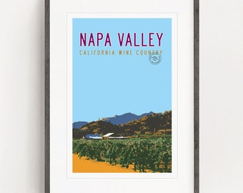 Póster de viaje del Valle de Napa, arte californiano, impresión del Valle de Napa, decoración de comedor, arte vinícola, arte mural para sala de catas, impresión personalizada. 20 x 30