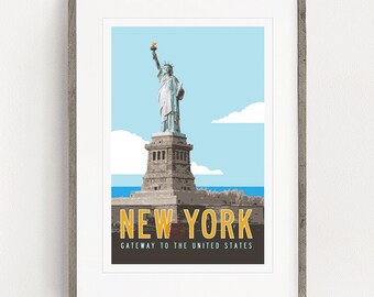 Póster de viaje de Nueva York, póster vintage de Nueva York, ilustración de la Estatua de la Libertad, impresión de la ciudad de Nueva York, póster retro de Nueva York. 20 x 30
