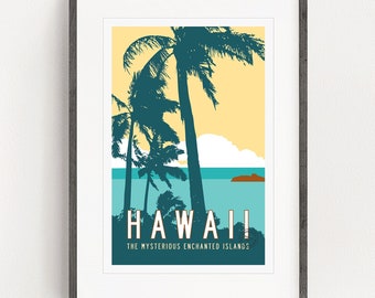 Póster de viaje retro de Hawái, arte hawaiano vintage, decoración tropical, arte hawaiano, decoración isleña retro, decoración hawaiana. 20 x 30