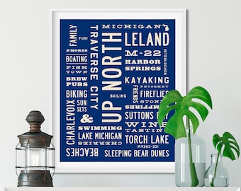 UP NORTH Print, Lake House Decor, Cottage Decor Wall Art, Word Art, Lake Michigan Gift, Traverse City, Beach House 8x10, 16x20, 24x30 Poster