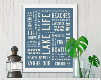 LAKE LIFE Sign, Lake House Decor, Word Art Print, Typography Poster, Beach House, Wall Art, Great Lakes Cottage Decor, 8x10, 16x20, 24x30