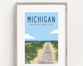 MICHIGAN Poster Art, Vintage Michigan Travel Poster, Lake Michigan Art, Cottage Decor, Lake House Decor, Retro Poster Art, Michigan Gifts.