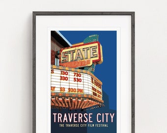TRAVERSE CITY State Theatre Poster, Michigan Art, Film Festival Poster, Home Theater Decor, Michigan Gifts, Retro Poster Art, Travel Poster.