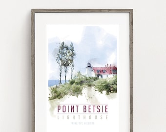 POINT BETSIE Lighthouse Poster, Vintage Michigan Travel Poster, Michigan Art Print, Lake House Decor, Michigan Wall Art, Michigan Gift