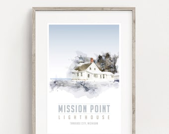 OLD MISSION Lighthouse Poster, Michigan Art, Summer House Decor, Lake House, Nautical Decor, Retro Travel Poster, Michigan Gifts