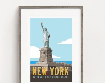 NEW YORK Travel Poster, Vintage New York Poster, Statue of Liberty Illustration, New York City Print, NYC Retro Poster Art. 20x30