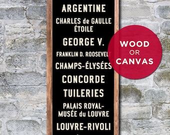 Letrero pequeño del metro de París, arte del metro de París, letrero francés, póster de París, decoración de pared de París, regalo para amantes de los viajes, arte de viaje, lienzo o madera. 30 x 91 cm