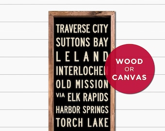 SMALL Michigan Subway Art, Traverse City Poster, Michigan Art, Subway Sign, Bus Scroll, Cottage Decor, Wall Art. Wood or Canvas, 12x36.