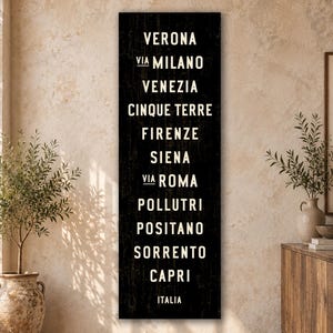 Pu&ograve; includere: Un cartello da parete nero, alto e rettangolare, con testo bianco che elenca citt&agrave; italiane tra cui Verona, Milano, Venezia, Cinque Terre, Firenze, Siena, Roma, Pollutri, Positano, Sorrento e Capri, con la parola ITALIA in basso.