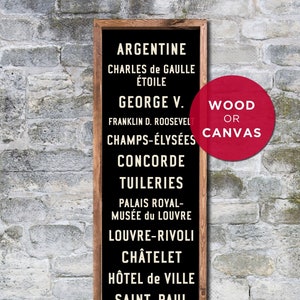 Letrero pequeño del metro de París, arte del metro de París, letrero francés, póster de París, decoración de pared de París, regalo para amantes de los viajes, arte de viaje, lienzo o madera. 30 x 91 cm