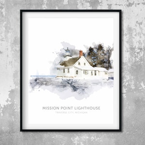 MISSION POINT Lighthouse Print, Michigan Art Poster, Watercolor Fine Art Print, Nautical Art, Landscape, Lake House, Beach House Decor