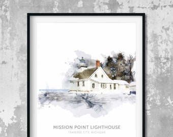 MISSION POINT Lighthouse Print, Michigan Art Poster, Watercolor Fine Art Print, Nautical Art, Landscape, Lake House, Beach House Decor.