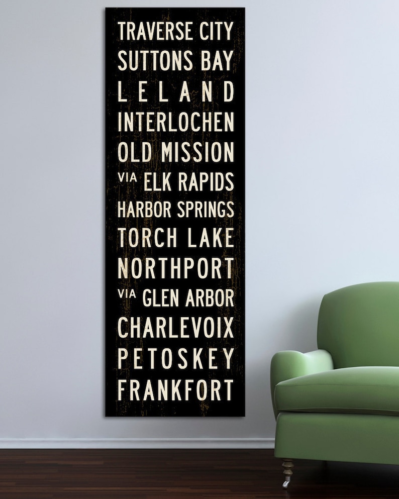 MICHIGAN Art, Michigan Subway Sign, Michigan Wall Art, Subway Art, Lake House Cottage Decor, Bus Scroll, Word Art, Canvas Poster. 20x60 Stretched