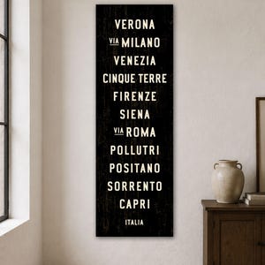 Pu&ograve; includere: Un cartello da parete nero, alto e rettangolare, con una texture usurata e testo bianco che elenca citt&agrave; italiane: VERONA, VIA MILANO, VENEZIA, CINQUE TERRE, FIRENZE, SIENA, VIA ROMA, POLLUTRI, POSITANO, SORRENTO, CAPRI e la parola ITALIA.