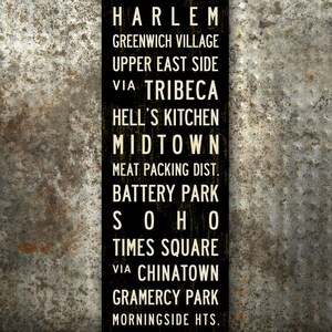 NEW YORK Subway Sign Wall Art from Transit Design. A black canvas sign with white text listing various neighborhoods in New York City.