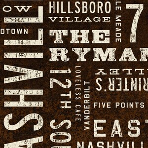 May include: A brown background with white text spelling out the names of places and landmarks in Nashville, Tennessee. The text is arranged in a vertical column, with the words "Nashville", "12th South", "The Ryman", "Hillsboro Village", and "Belle Meade" visible.