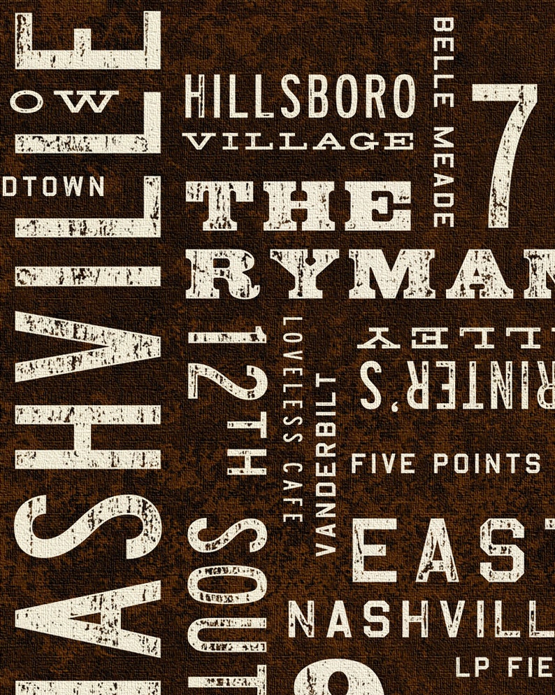 May include: A brown background with white text spelling out the names of places and landmarks in Nashville, Tennessee. The text is arranged in a vertical column, with the words "Nashville", "12th South", "The Ryman", "Hillsboro Village", and "Belle Meade" visible.