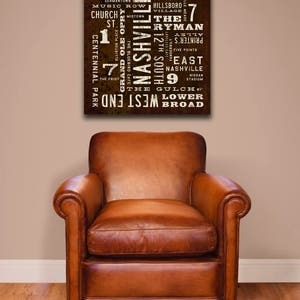 A brown canvas print by Transit Design, with white text that reads 'Nashville' in large letters. The text is surrounded by smaller words that are all related to Nashville, such as 'Music Row', 'Ryman', 'The Gulch', and 'Centennial Park'. The print is hanging on a wall.