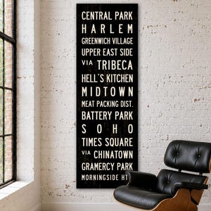 May include: A tall, rectangular black wall sign featuring white text listing New York City neighborhoods including Central Park, Harlem, Greenwich Village, Upper East Side, Tribeca, Hell's Kitchen, Midtown, Meat Packing Dist., Battery Park, Soho, Times Square, Chinatown, Gramercy Park, and Morningside Ht.