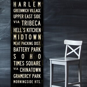 A black and white New York Subway Sign by Transit Design featuring the names of different neighborhoods in New York City. The sign is hanging on a wall next to a tall chair.
