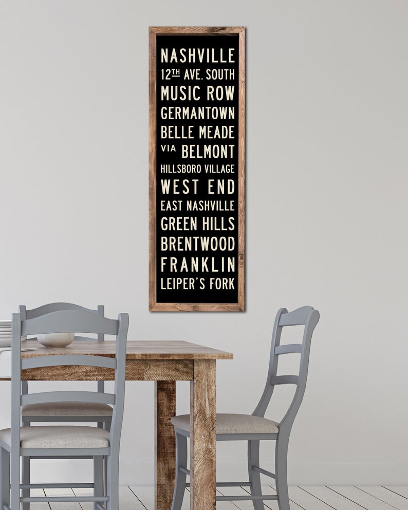 May include: A black and white sign with a wooden frame lists various neighborhoods in Nashville, Tennessee. The text reads: "Nashville, 12th Ave. South, Music Row, Germantown, Belle Meade, Via Belmont, Hillsboro Village, West End, East Nashville, Green Hills, Brentwood, Franklin, Leiper's Fork."