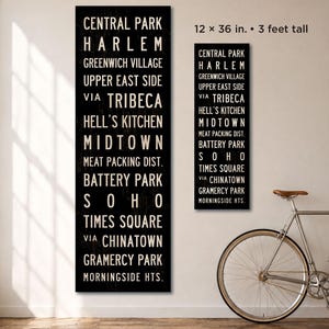May include: Two vertical black rectangular wall signs with white text listing New York City neighborhoods. The larger sign measures 20 x 60 inches and the smaller sign measures 12 x 36 inches. The text includes Central Park, Harlem, Tribeca, and Soho.