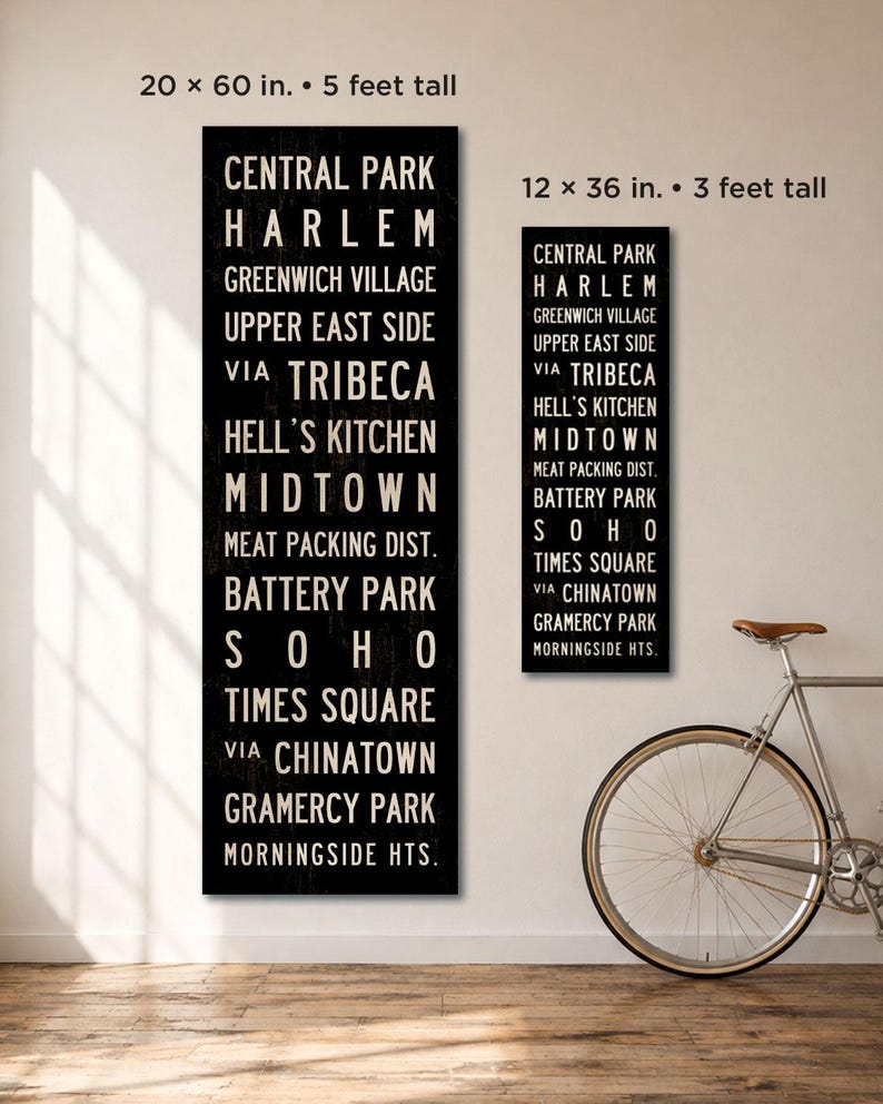 May include: Two vertical black rectangular wall signs with white text listing New York City neighborhoods. The larger sign measures 20 x 60 inches and the smaller sign measures 12 x 36 inches. The text includes Central Park, Harlem, Tribeca, and Soho.