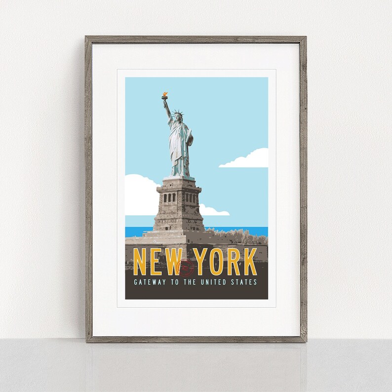 NEW YORK Travel Poster, Vintage New York Poster, Statue of Liberty Illustration, New York City Print, NYC Retro Poster Art. 20x30 image 1