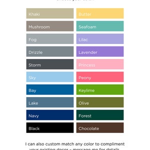 May include: A color chart with 16 different color swatches. The colors are labeled with names like Khaki, Butter, Seafoam, Lilac, Lavender, Princess, Peony, Keylime, Olive, Forest, and Chocolate.