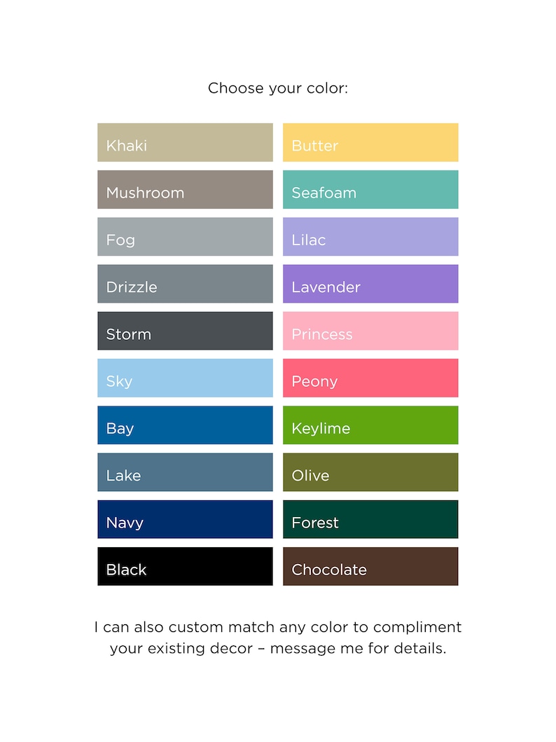 May include: A color chart with 16 different color swatches. The colors are labeled with names like Khaki, Butter, Seafoam, Lilac, Lavender, Princess, Peony, Keylime, Olive, Forest, and Chocolate.