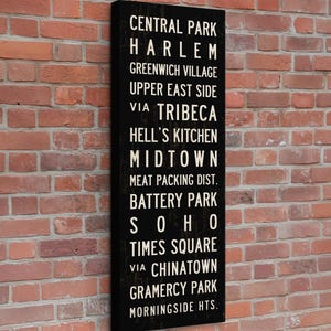 May include: A vertical rectangular black wall sign featuring white text listing New York City neighborhoods including Central Park, Harlem, Greenwich Village, Upper East Side, Tribeca, Hell's Kitchen, Midtown, Meat Packing Dist., Battery Park, Soho, Times Square, Chinatown, Gramercy Park, and Morningside Hts.