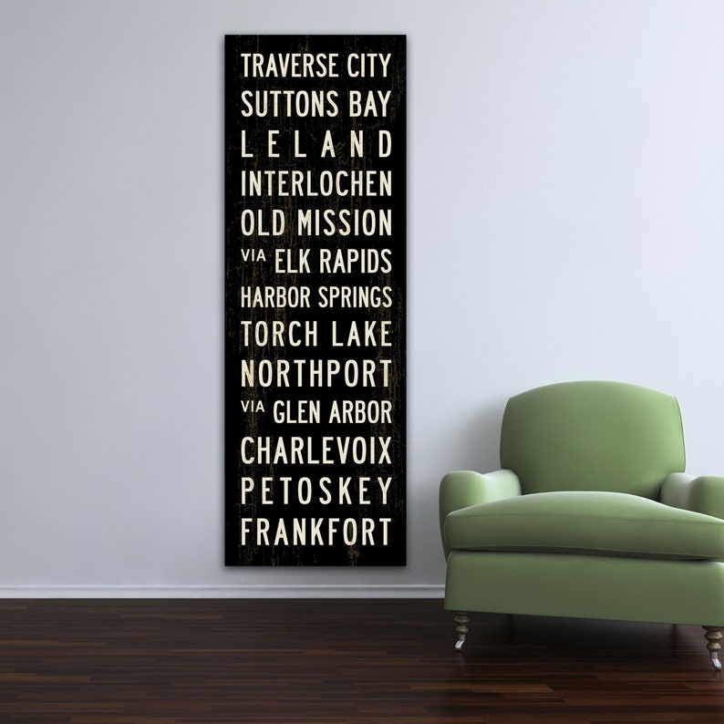 MICHIGAN Art, Michigan Subway Sign, Michigan Wall Art, Subway Art, Lake House Cottage Decor, Bus Scroll, Word Art, Canvas Poster. image 1