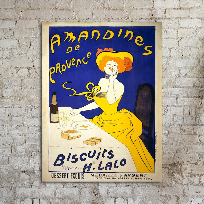 OVERSIZED Canvas Wall Art by Transit Design. An Art Nouveau Poster by Leonetto Cappiello for 'Amandines de Provence' biscuits. This is printed on canvas and is meant to be displayed as wall art.