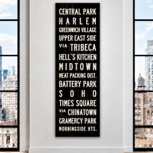 May include: A tall, rectangular black wall sign featuring white text listing New York City neighborhoods including Central Park, Harlem, Greenwich Village, Upper East Side, Tribeca, Hell&rsquo;s Kitchen, Midtown, Meat Packing Dist., Battery Park, Soho, Times Square, Chinatown, Gramercy Park, and Morningside Hts.