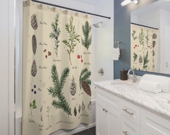 Cortina de ducha botánica, cortina de ducha de invierno, decoración de baño con motivos de pinos del bosque.