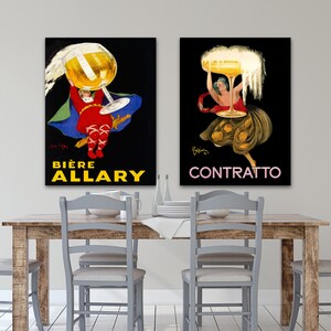 May include: Two vintage beer advertisements. The first ad features a man holding a large glass of beer with the text "Bi&egrave;re Allary". The second ad features a woman holding a large glass of beer with the text "Contratto".