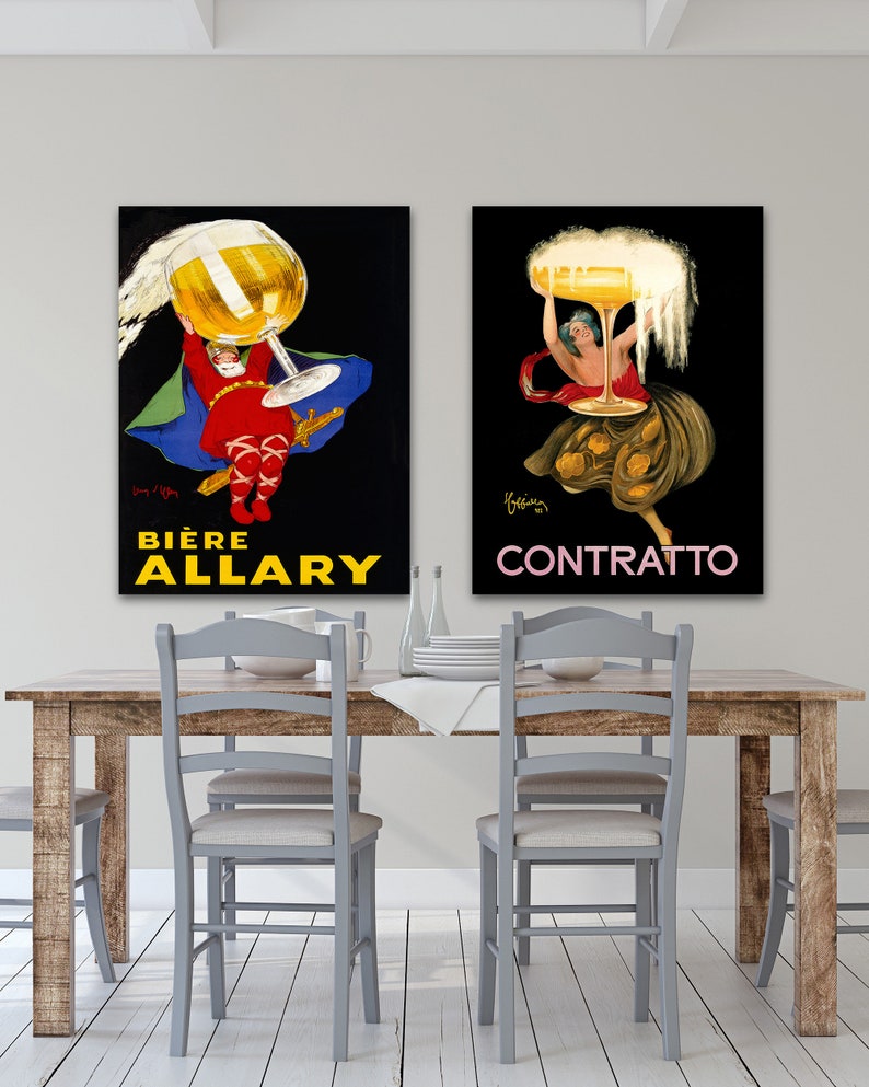 May include: Two vintage beer advertisements. The first ad features a man holding a large glass of beer with the text "Bi&egrave;re Allary". The second ad features a woman holding a large glass of beer with the text "Contratto".