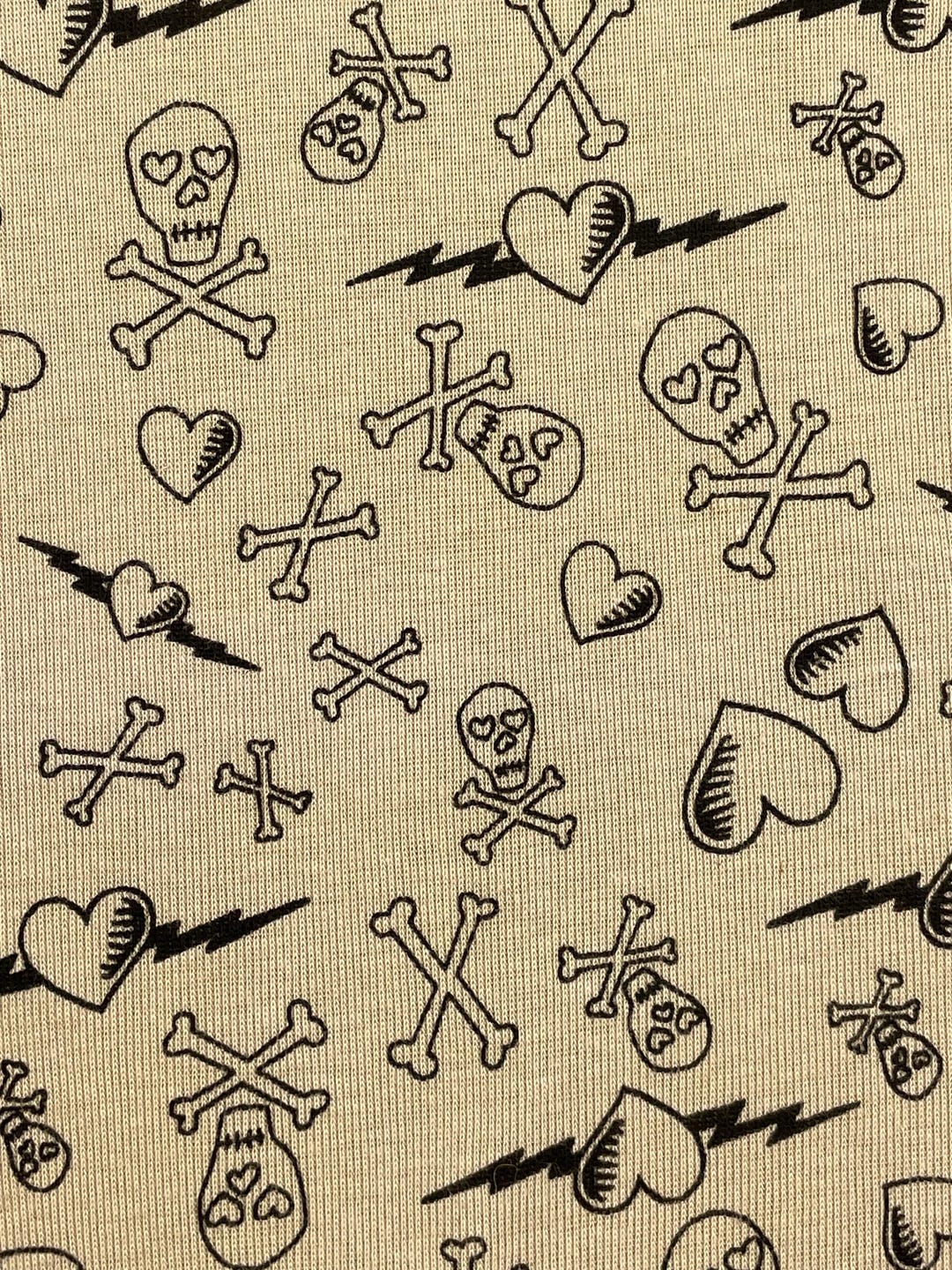 Vintage Skull, Crossbones & Hearts on Dark Khaki 100% Cotton Knit 60 ...